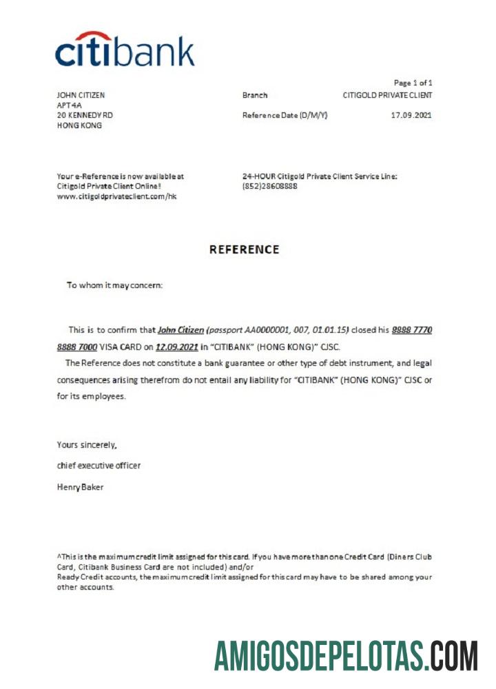 Referência de encerramento do Citibank de Hong Kong modelo